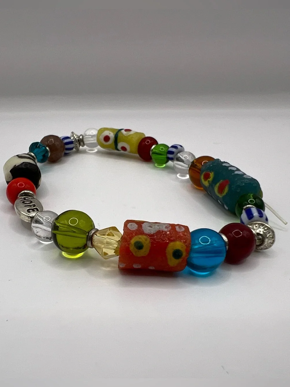 Vintage African Glass Trade Bead Stretch Bracelet - Multicolor Boho Hope